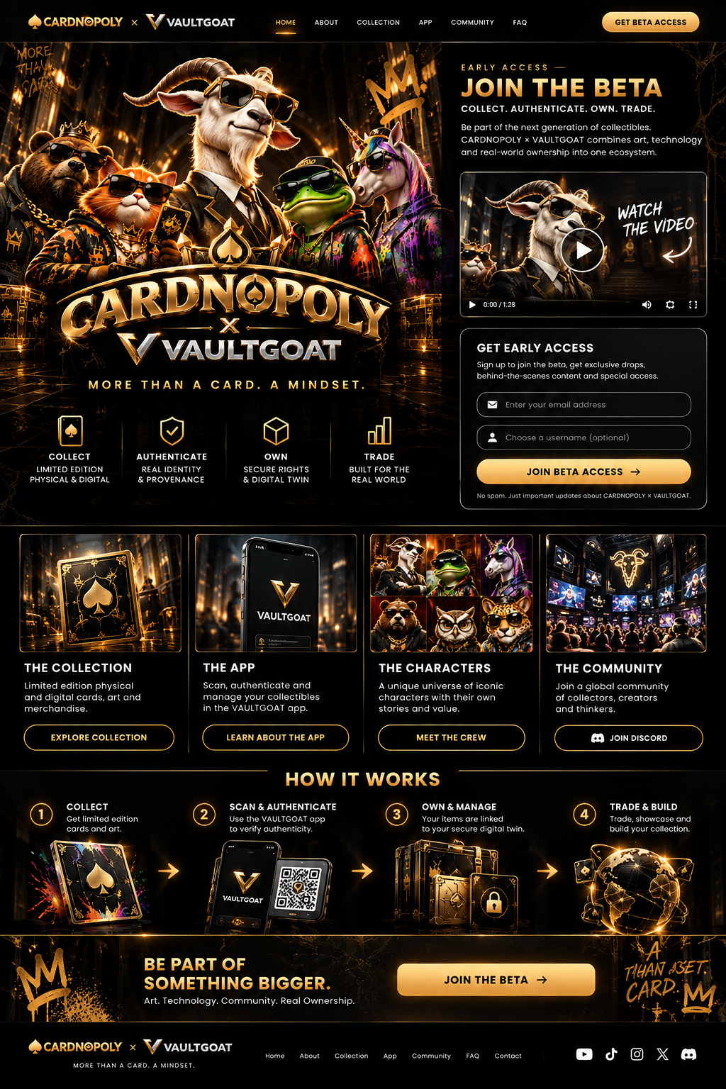 Approved CARDNOPOLY × VAULTGOAT black and gold beta homepage visual